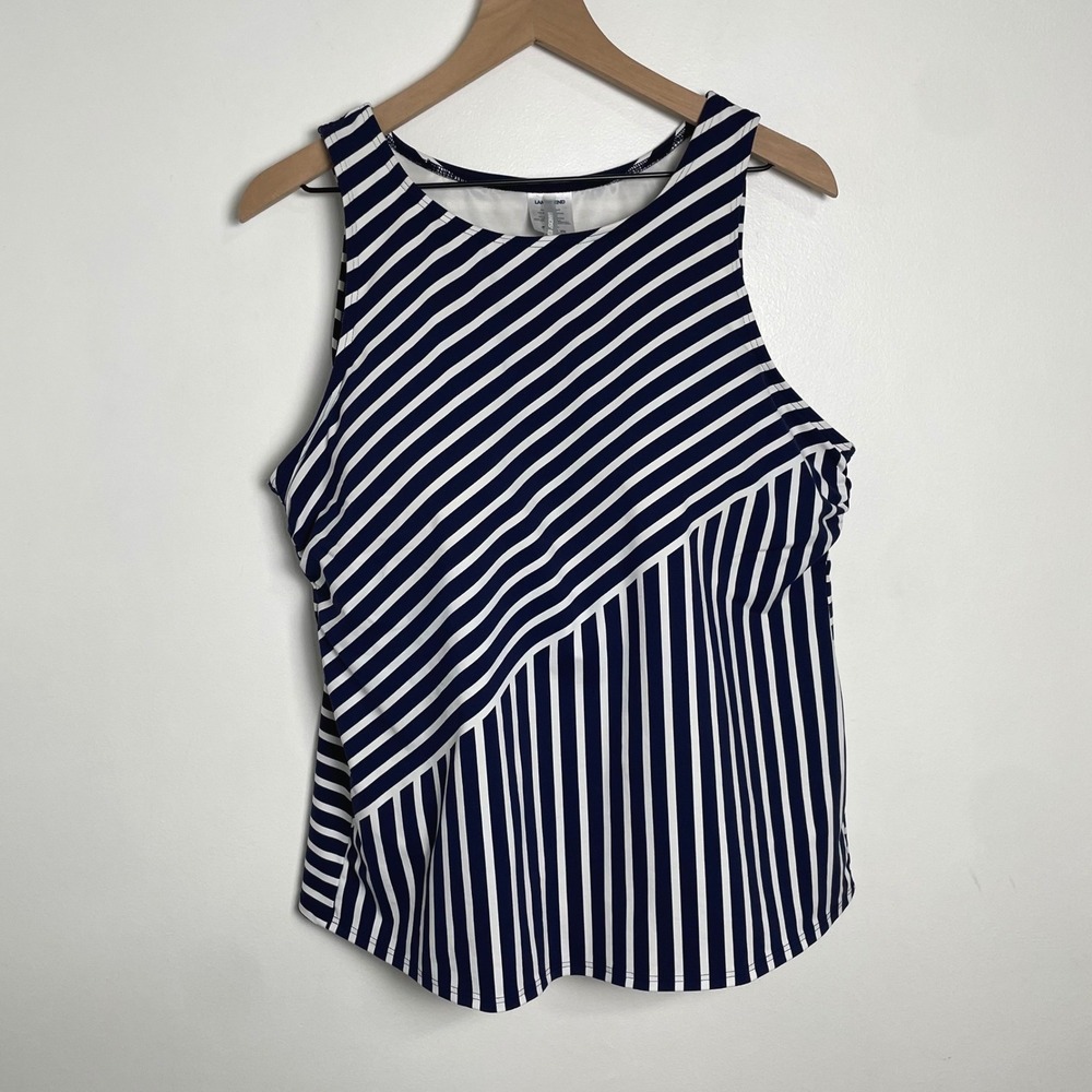 Lands End Tankini Swim Top Womens 18L Navy Striped Asymmetrical Nautical Resort